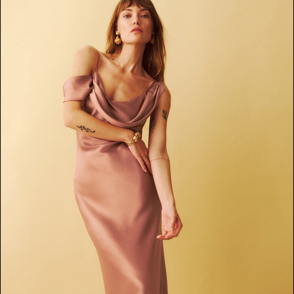 REFORMATION Ronda Silk Dress in Praline